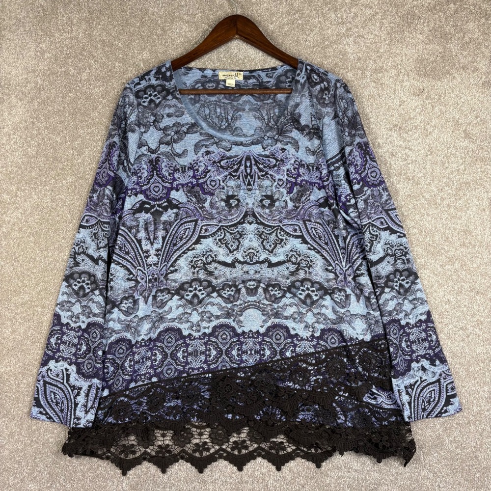 One World Paisley Print Lace Trim Long Sleeve Top Blue Purple XL